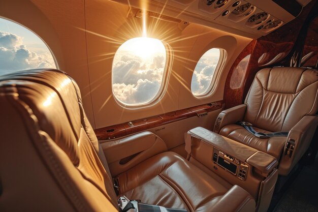 Luxury interior and sunlight in modern business jet