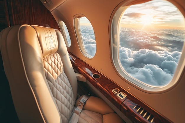 Luxury interior and sunlight in modern business jet