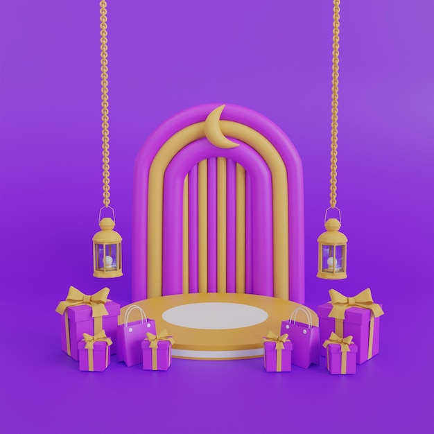 Lusso islamico ramadan kareem design di sfondo con podio viola 3d e ornamento islamico