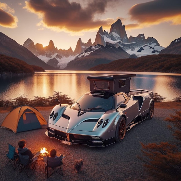 Luxury italian sports super car car custom camper converted relaxing scene mountain lake at dusk