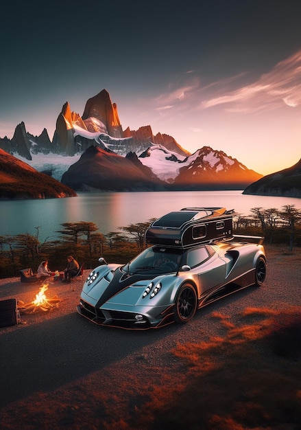 Luxury italian sports super car car custom camper converted relaxing scene mountain lake at dusk