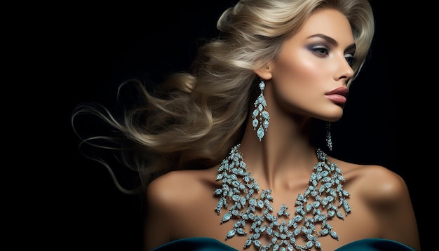 Foto pubblicità di gioielli di lusso per il black friday con una modella che spara