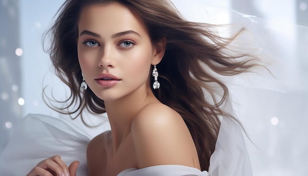 女性モデルが輝くダイヤモンドを撮影する高級ジュエリーブランドの広告