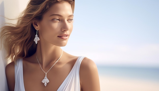 女性モデルが輝くダイヤモンドを撮影する高級ジュエリーブランドの広告