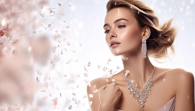 Реклама роскошного ювелирного бренда с женщиной-моделем, стреляющей в блестящие бриллианты