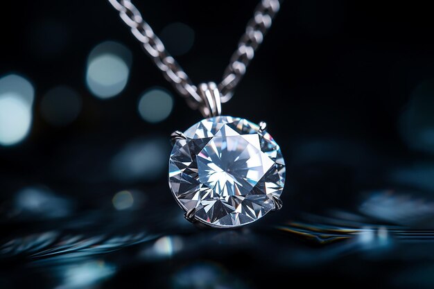 Luxury jewelry platinum necklace with diamonds on dark silk fabric closeup Golden necklace in the store Beautiful diamond pendant necklace Jewelry showcase selective focus