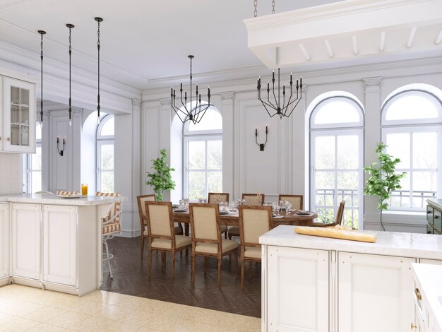 Luxury kitchen classic scandinavian style, white wooden panel with marble tabletoop. 3D rendering