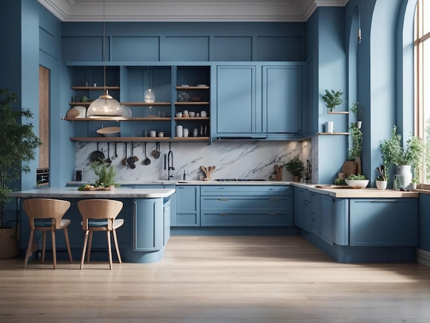 Luxury kitchen corner design with dark blue wall