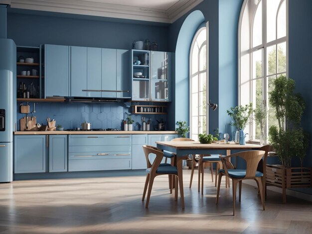 Luxury kitchen corner design with dark blue wall