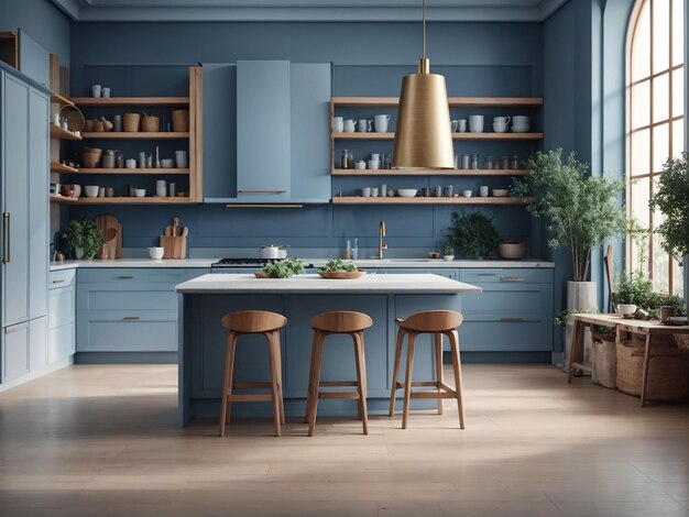 Luxury kitchen corner design with dark blue wall