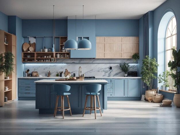 Luxury kitchen corner design with dark blue wall