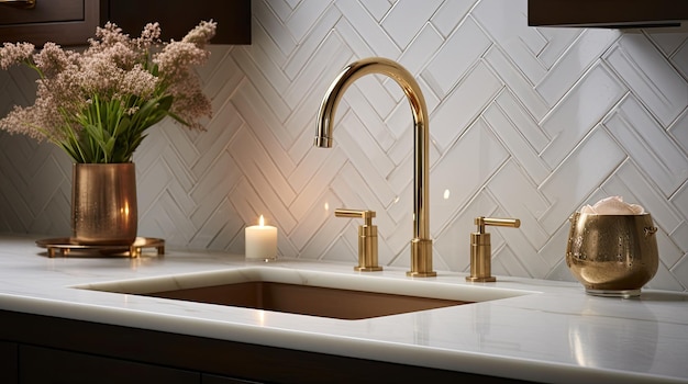 a luxury kitchen sink the intricate herringbone backsplash tiles the pristine white marble countertop and the opulent gold faucet the elegance of this kitchen design