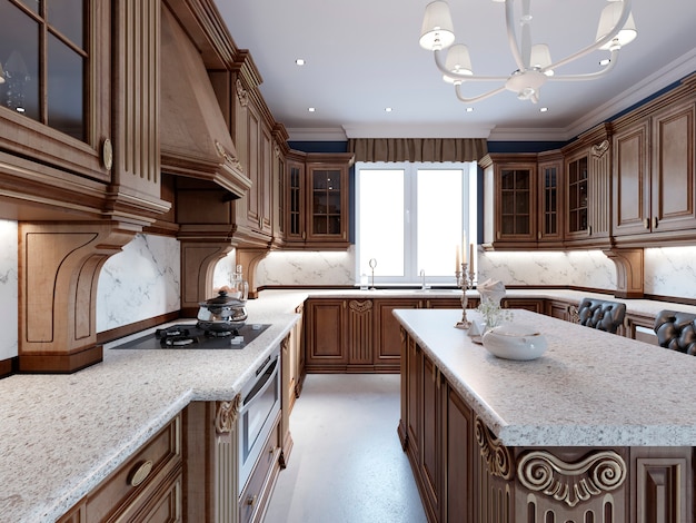 Luxury kitchen with tile floor, stained cabinets and marble counter top. 3d rendering