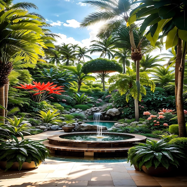 Luxury landscape design of the tropical gardenbeautiful view of the tropical landscape ai generated