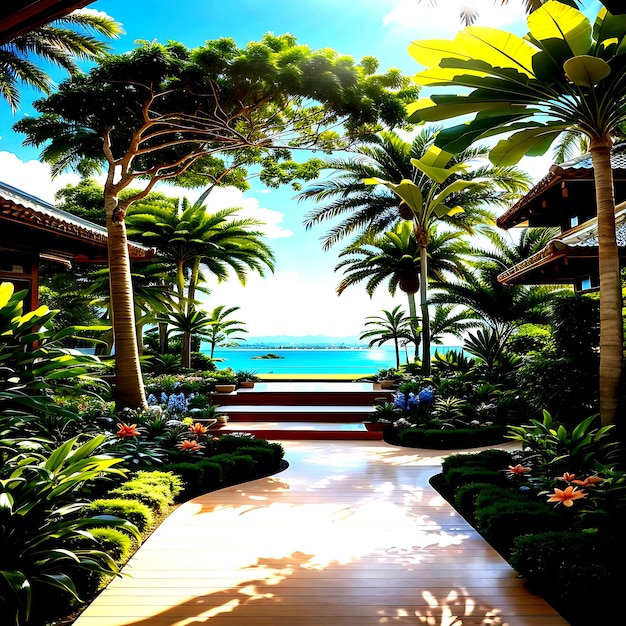 Luxury landscape design of the tropical gardenbeautiful view of the tropical landscape ai generated