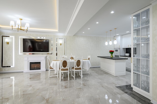 Luxury large domestic kitchen with marble floor