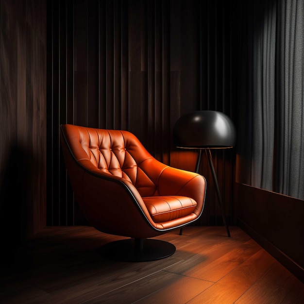 Роскошное кожаное кресло в темной комнате 3D рендеринга