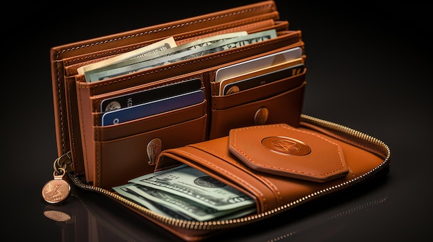 Luxury Leather Wallet with Cash Credit Cards and Coin on Dark Background Generative AI