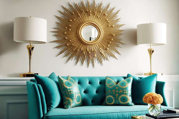 A luxury living room decor with golden furnishings and a contemporary turquoise blue sofa with a sunburst mirror on a white wall
