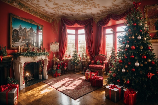 Luxury living room decorated for Christmas and New Year with a Christmas tree and presents