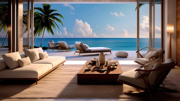 Foto luxury living room design con spettacolari paesaggi di spiaggia rilassarsi nel comfort costiero