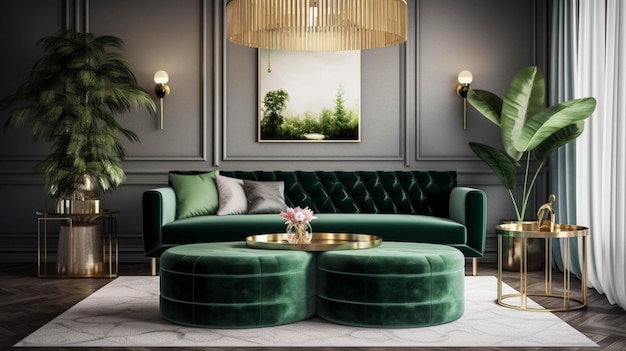 Роскошная гостиная в доме с современным дизайном интерьера зеленый бархатный диван AI Generative