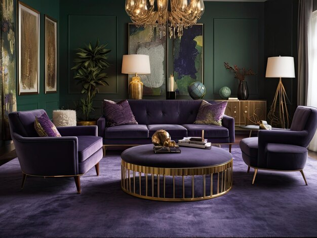 Luxury living room interior with velvet armchairs sofa and coffee table