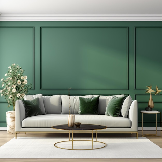 luxury living room wall mockup with green sofa and isolated background decoration