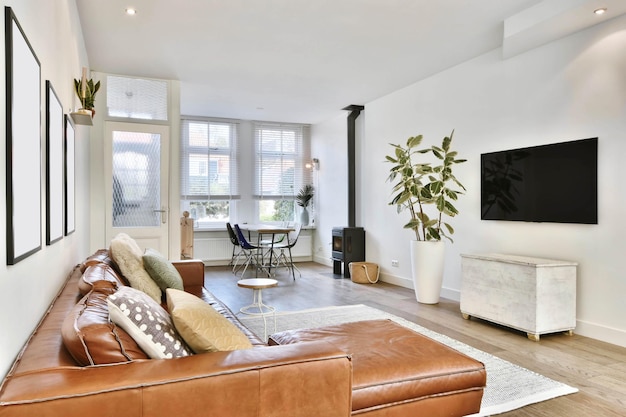 Luxury living room with brown leather sofa