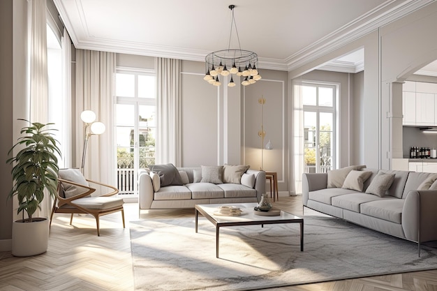 Luxury living room with elegant furniture and a sparkling chandelier Generative AI