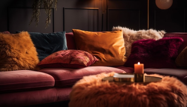 Luxury living room with fluffy pillows and fur generated by AI