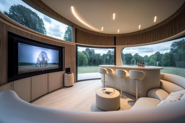 Роскошная гостиная с большим окном с видом на сельскую местность Generative AI