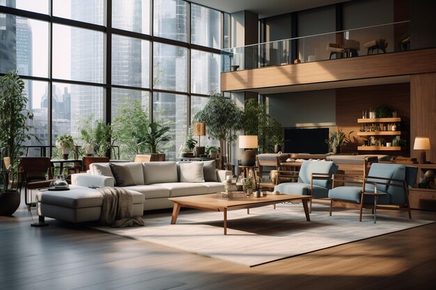 Luxury living room with panoramic city view 3D Rendering