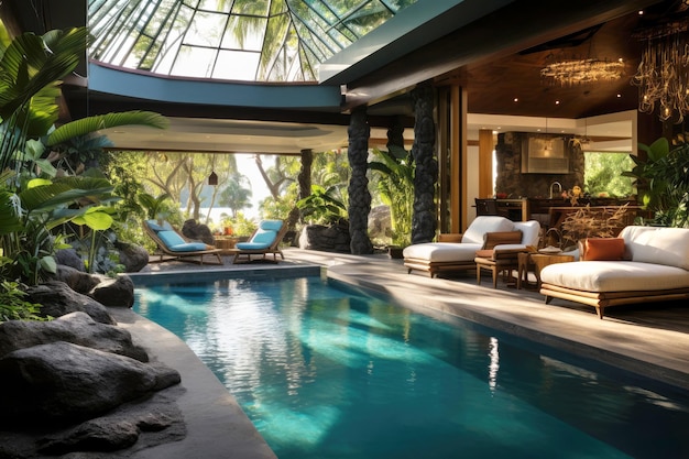 Luxury living villa with pool and tranquil palm trees