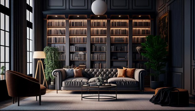 Luxury loft living room with book shelf in 3d rendering