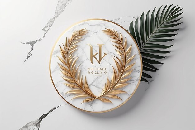 Luxury logo mockup on circle marble with palm leaves on white background 3d render