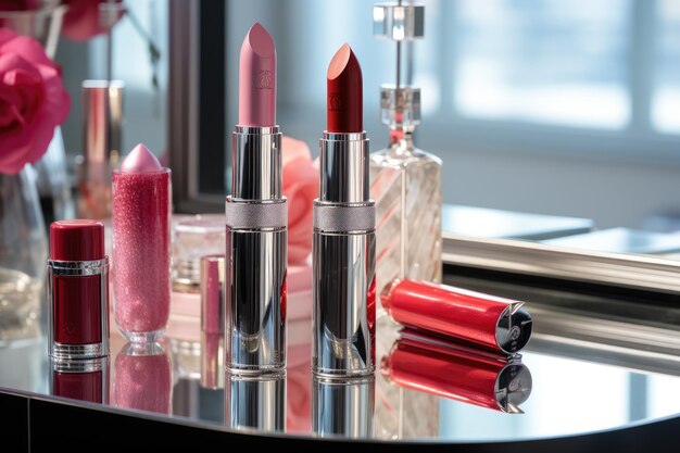 Luxury makeup products and accessories on dressing table