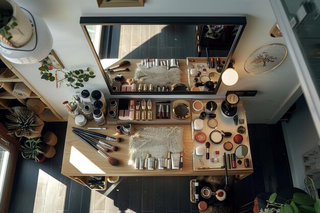 Photo luxury makeup vanity with highend cosmetics and brushes in a modern apartment setting