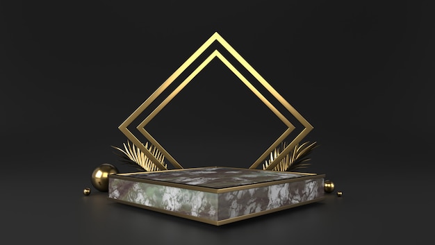 luxury Marble box podium and golden leaves in black background.