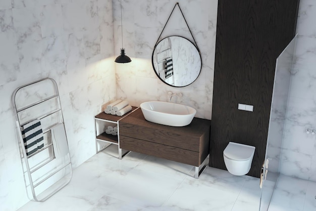 Фото Интерьер ванной комнаты в стиле роскошного отеля из мрамора концепция дизайна интерьера 3d-рендеринг