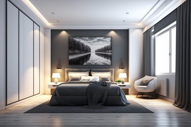 Luxury master bedroom interior with a big large comfortable bed modern light bedroom with wooden fur