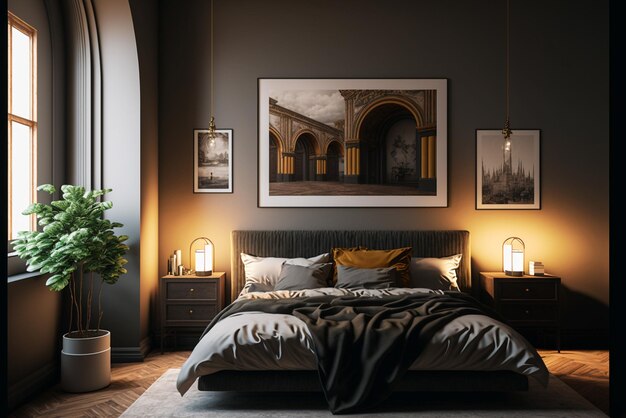 Luxury master bedroom interior with a big large comfortable bed modern light bedroom with wooden fur