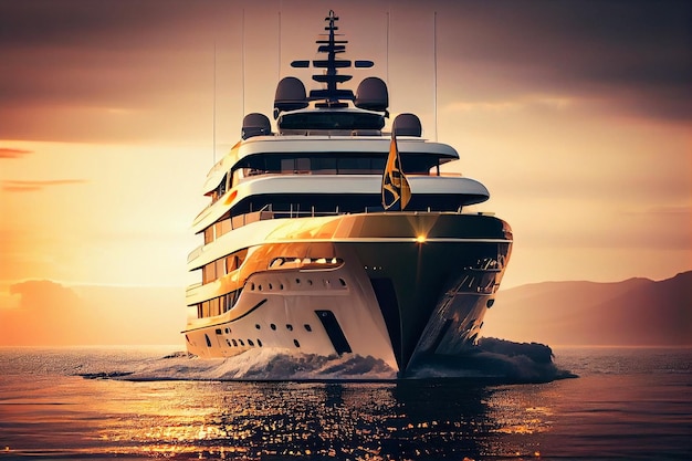 A luxury mega yacht with golden glass in the ocean at a sunsetgenerative ai