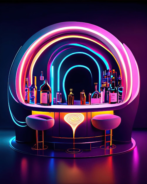 Luxury mini Bar with a variety of fine liquors sophisticated atmosphere neon colors