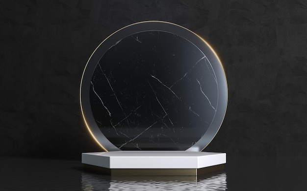 Luxury mockup podium on water surface with black marble and round gold frame. Abstract minimal concept for product display. 3d rendering