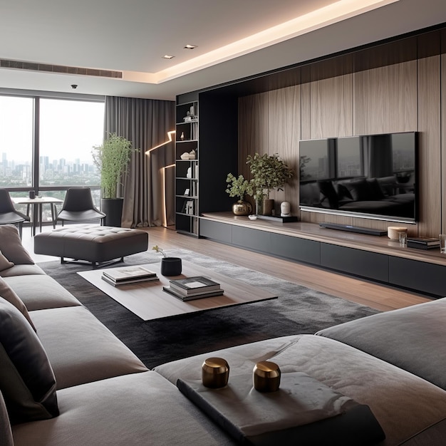 豪華な近代的なアパートはエレガントな家具デザインを誇っています