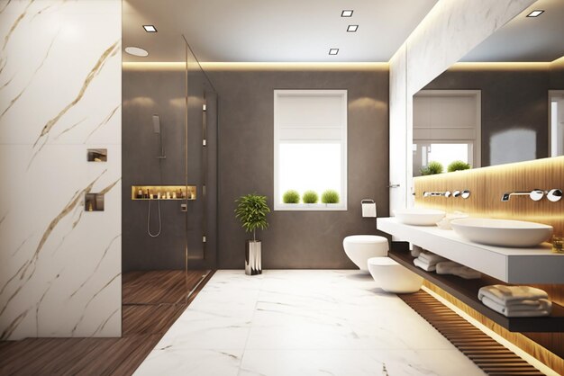 유리로 된 대형 샤워실을 갖춘 고급스럽고 현대적인 욕실 인테리어 디자인 생성 AI 도구로 제작