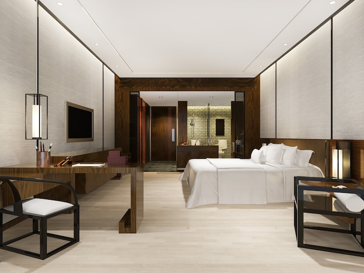Photo luxury modern bedroom suite in hotel with asian style decor