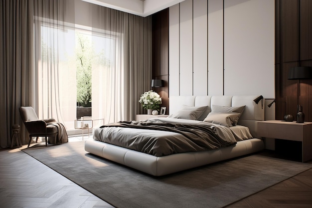 편안한 더블 침대가 있는 고급스럽고 현대적인 침실