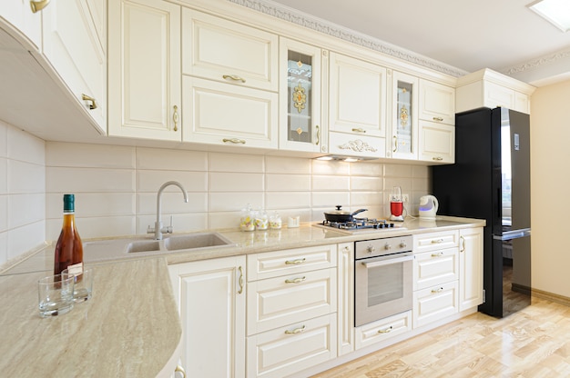 Luxury modern beige and white kitchen interior